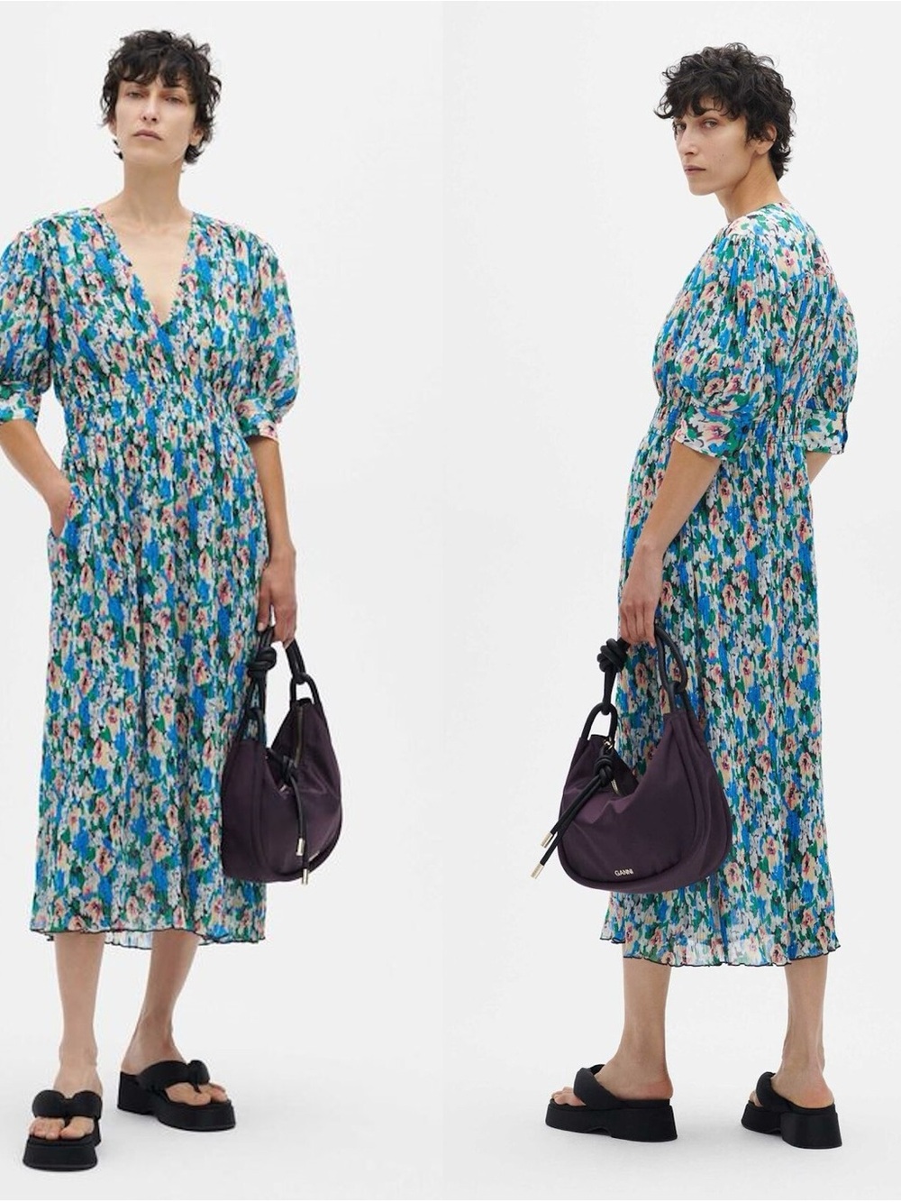 NWT Ganni Pleated Georgette Midi Dress Floral Azure Blue Size 52/22